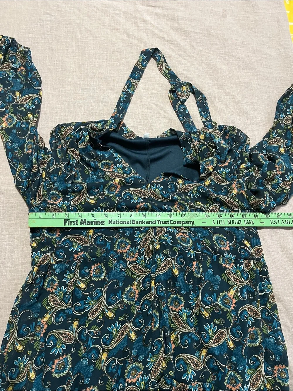 Etherial Gauzy Lightweight Dress Teal Paisley Size Small Faerie Cottage Neck Tie